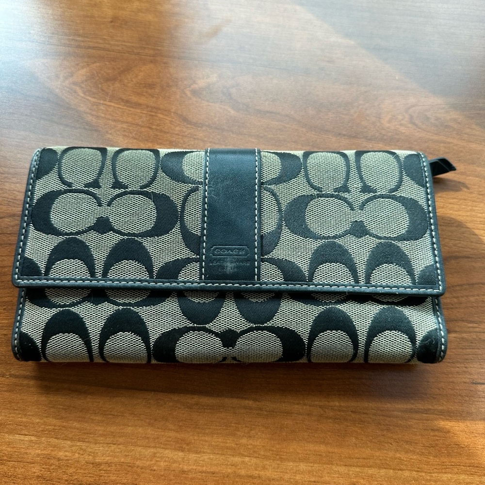 Coach signature jacquard leather long wallet checkbook classic logo